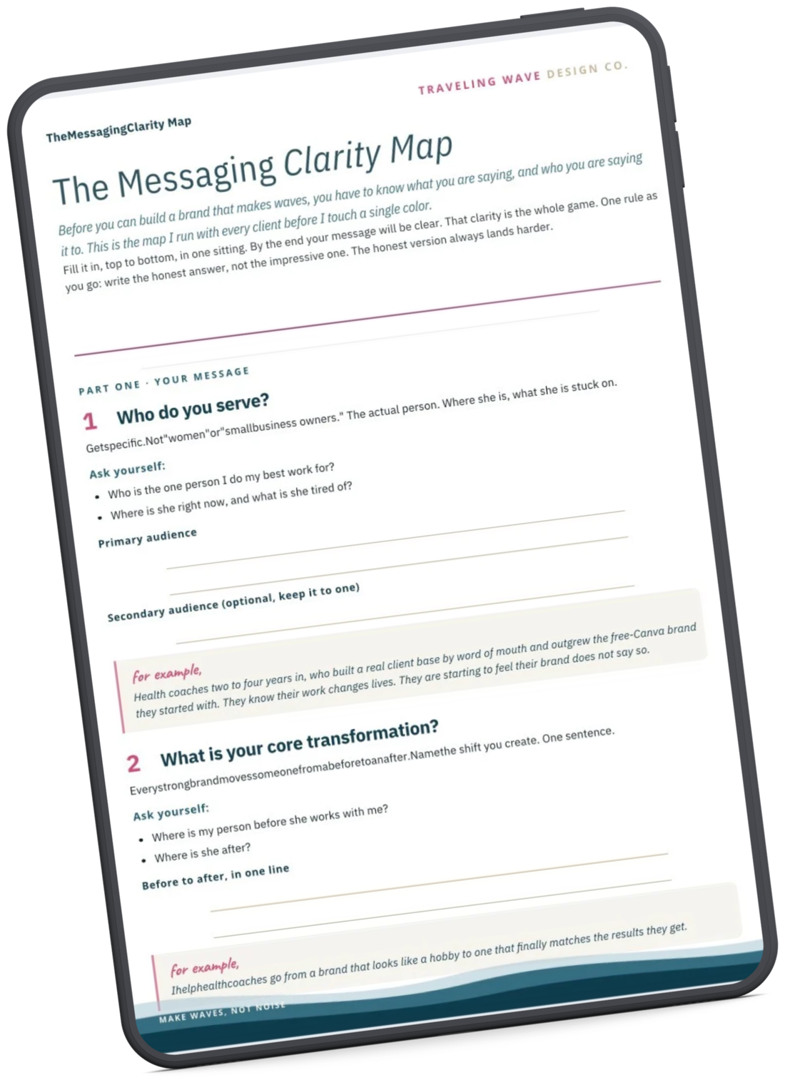 The Messaging Clarity Map open on a tablet.