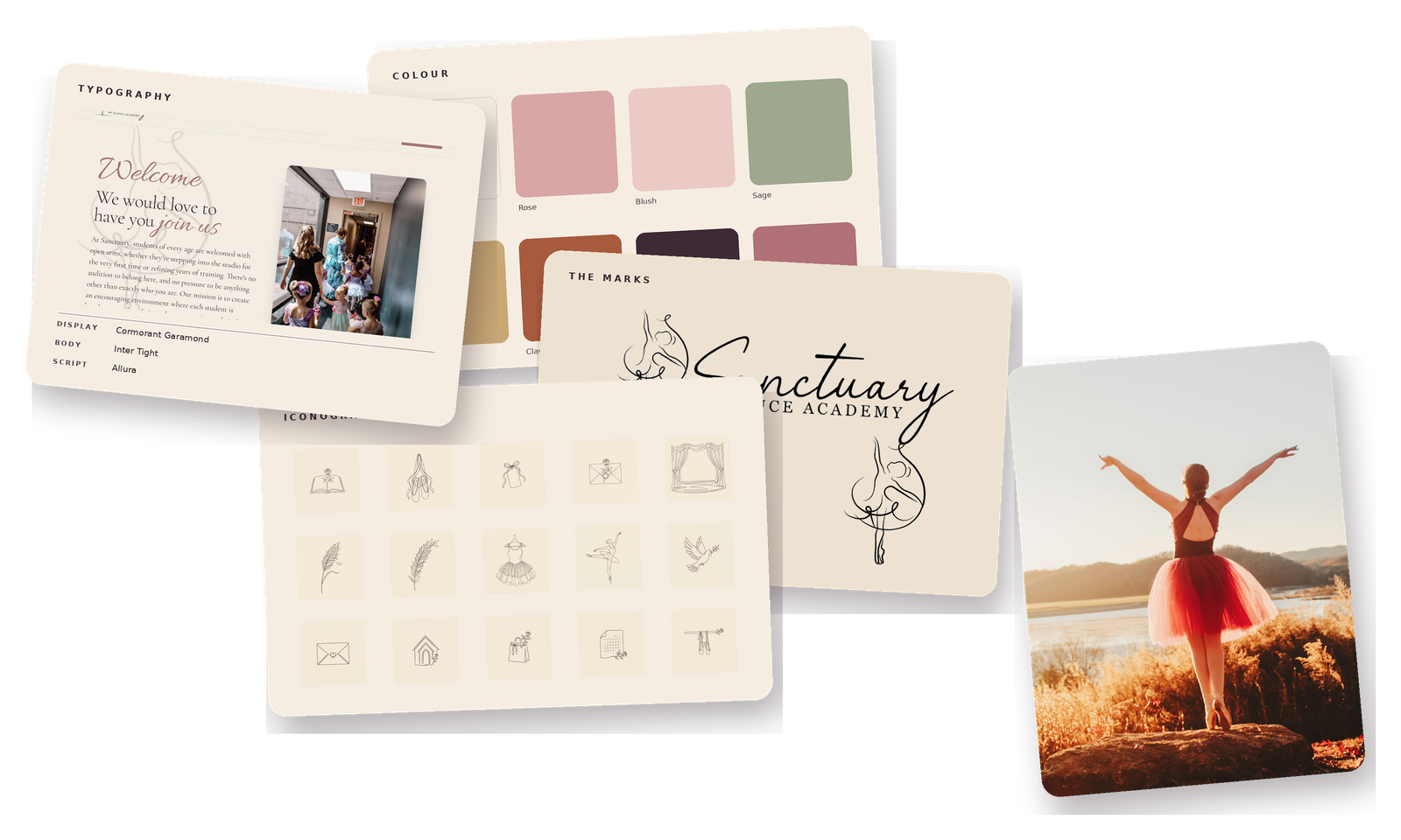 A layflat of the Sanctuary Dance Academy brand system: the logo suite, custom icon set, colour palette, typography, and golden-hour photography, all designed by Samantha Alsmo for Traveling Wave Design Co.
