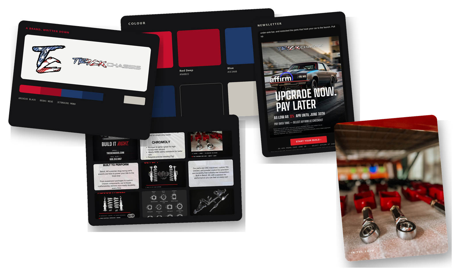 A layflat of the Trick Chassis content and social system: the brand colours, the designed feed, the newsletter, and shop photography by Traveling Wave Design Co.