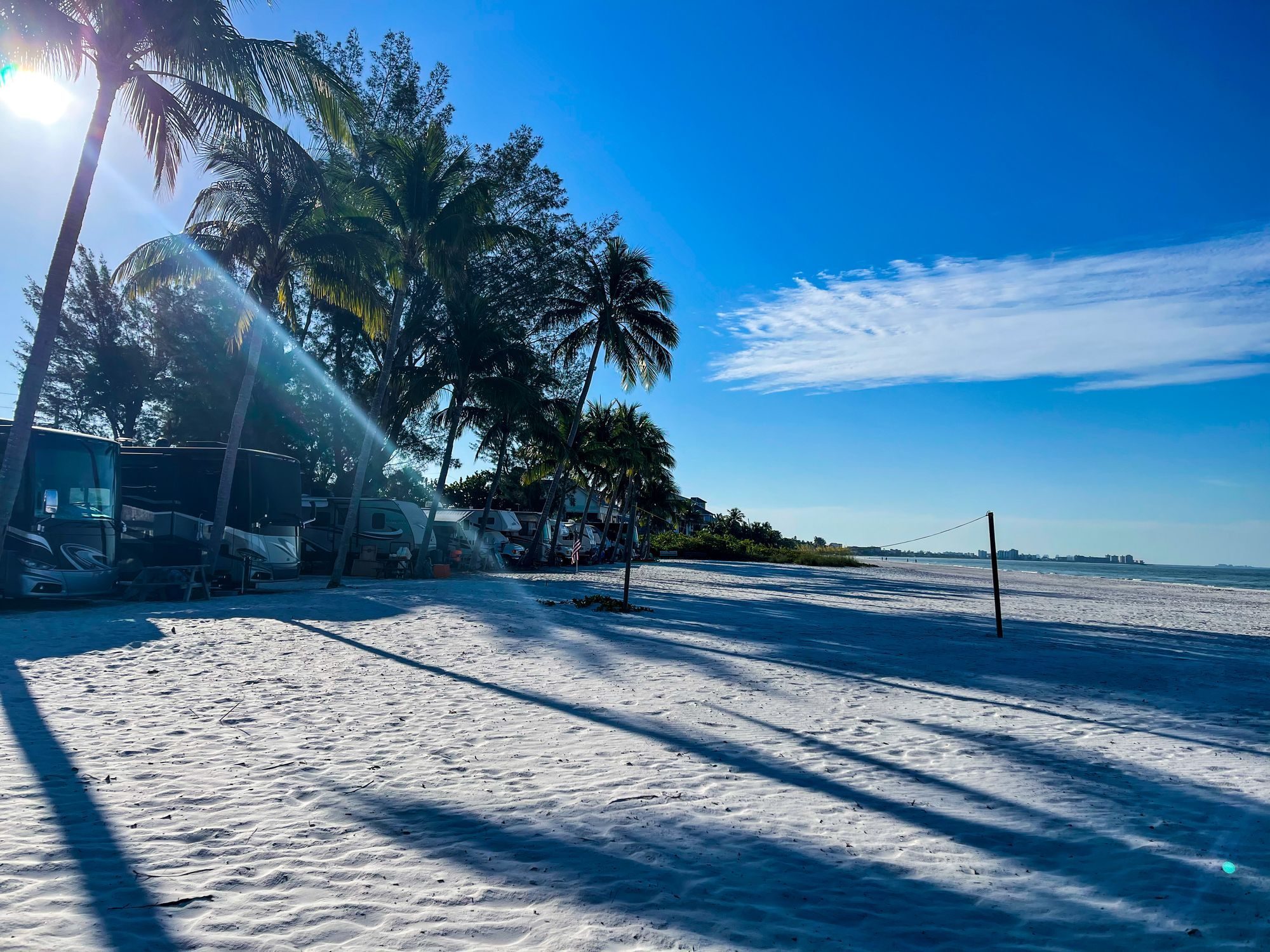 Palm trees and white sand at a beachfront campground