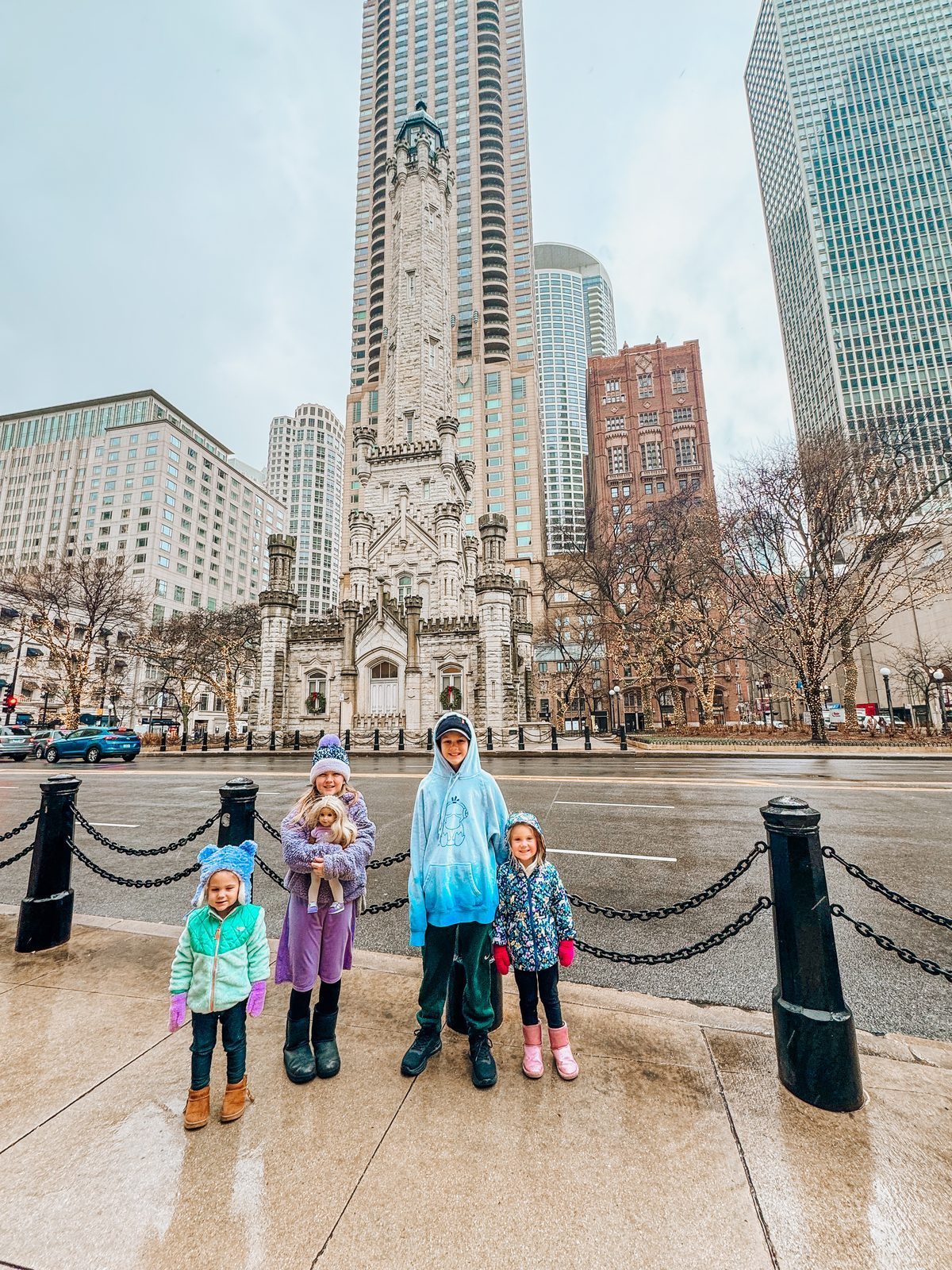 The four children in front of the historic Water Tower in Chicago