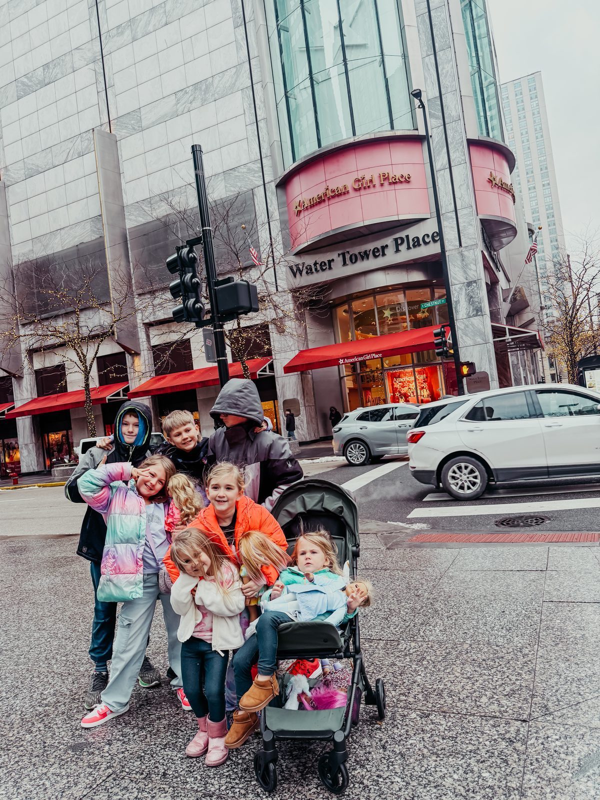 The children outside Water Tower Place in Chicago
