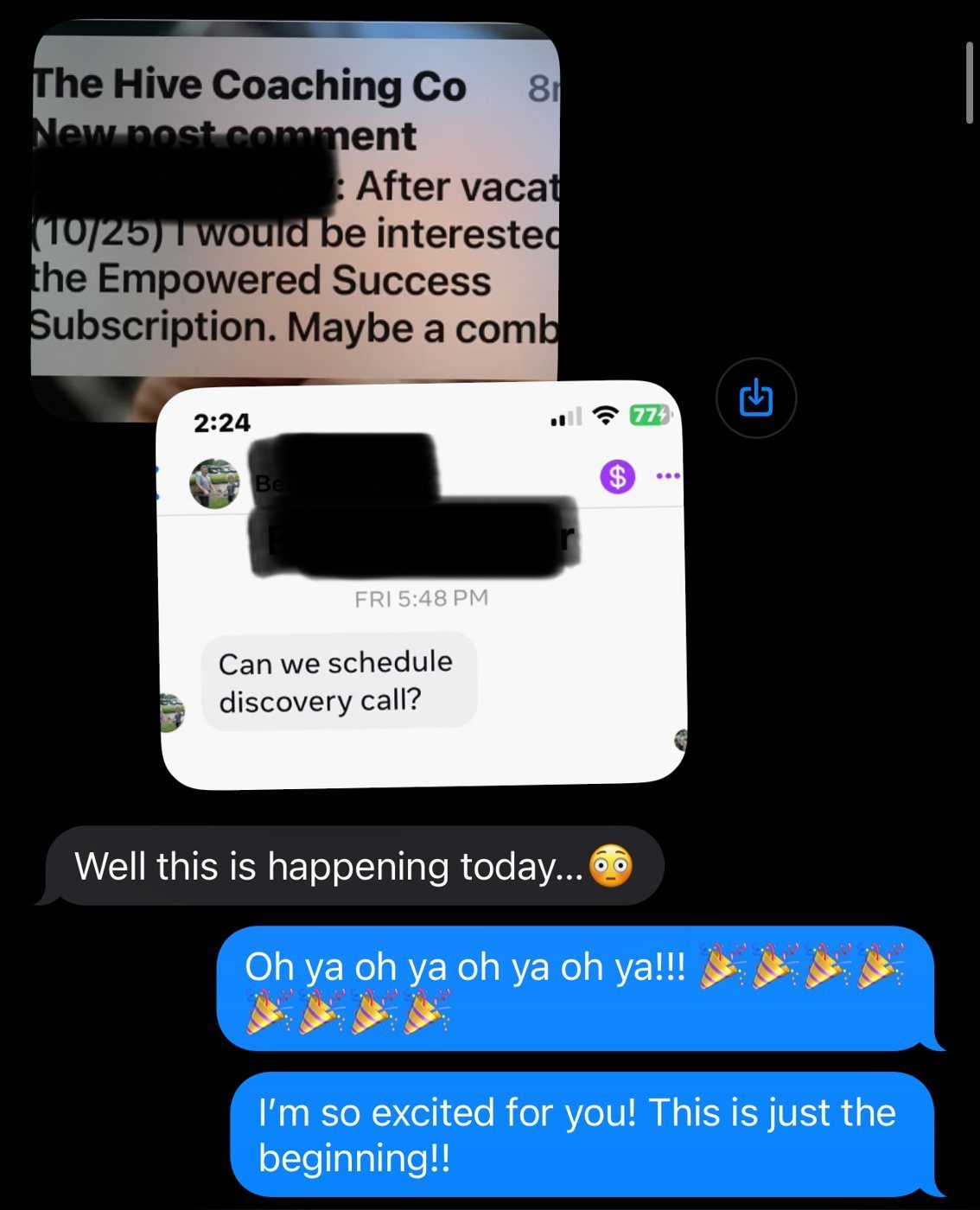 A text conversation showing a discovery call booked in the first week of the new content, and a new client