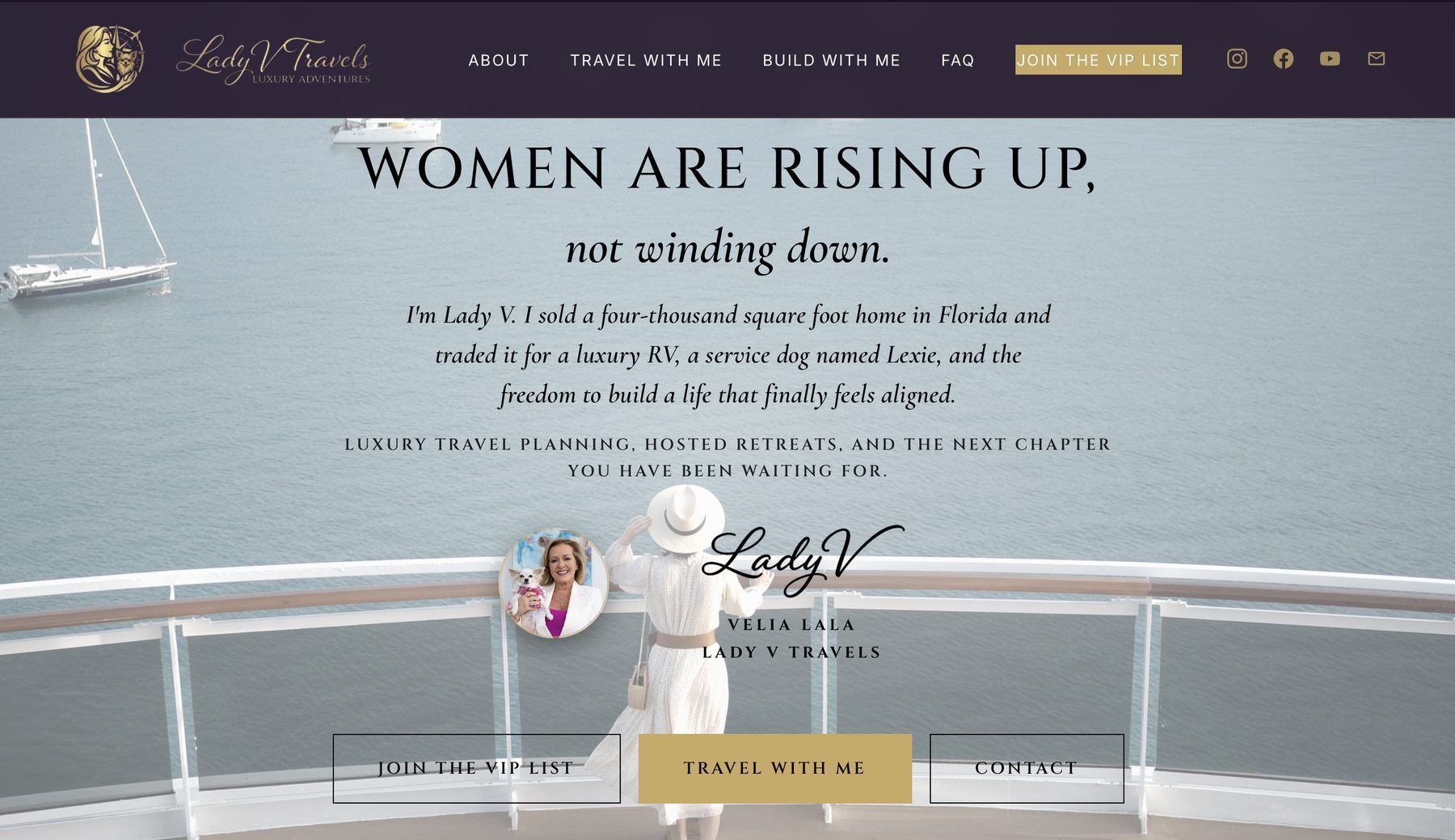 Lady V Travels homepage, designed and built by Traveling Wave Design Co.
