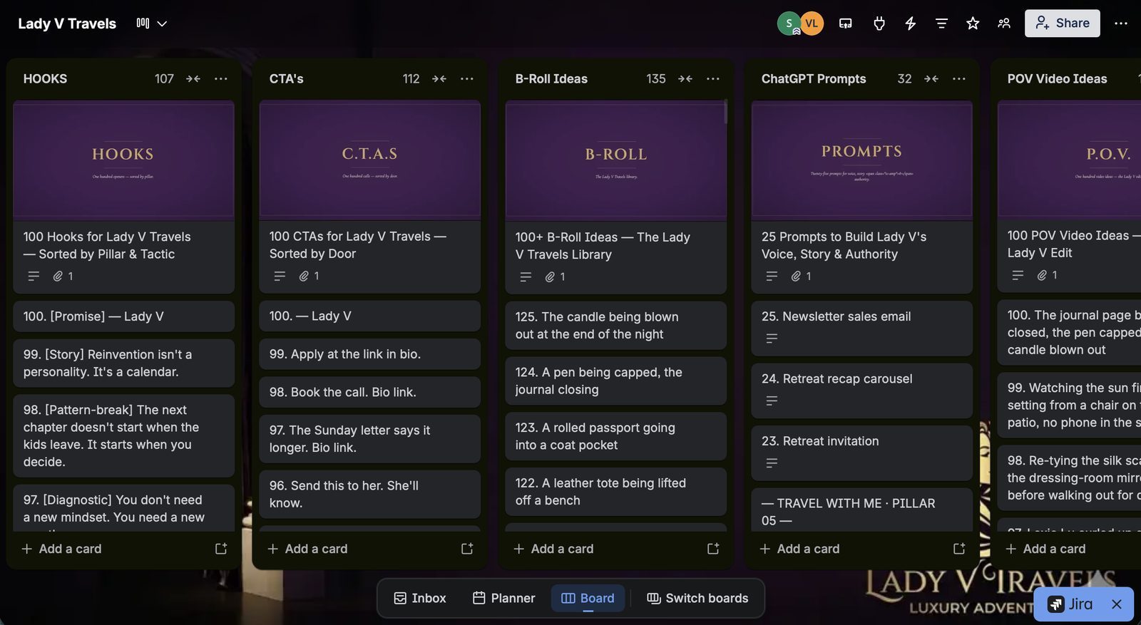 The Lady V Travels content board in Trello, with hooks, CTAs, b-roll, prompts, and POV ideas