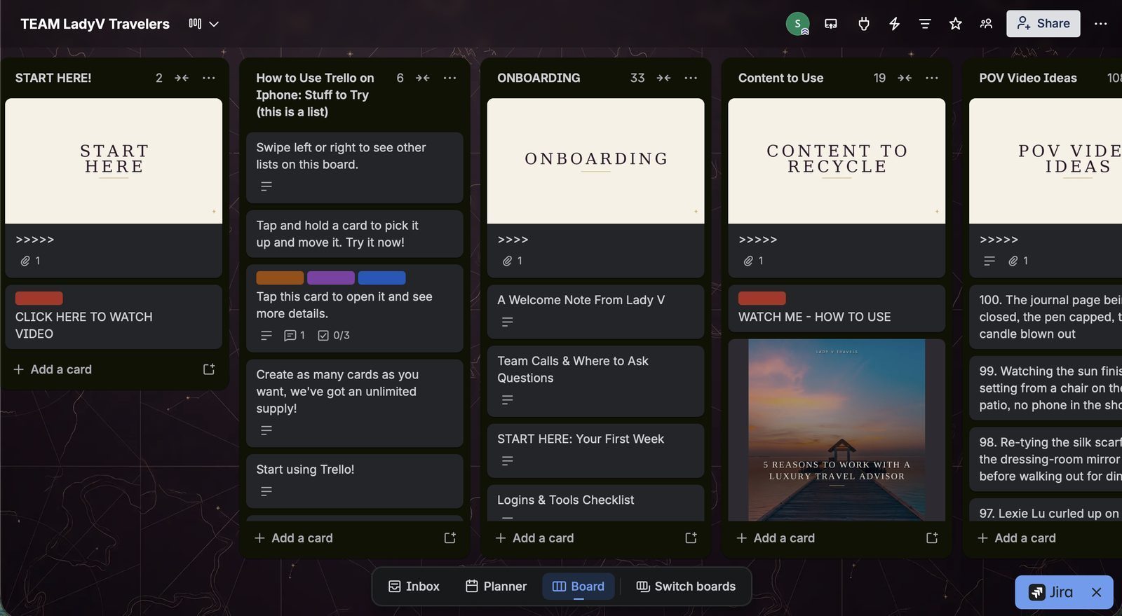 The TEAM Lady V Travelers onboarding board in Trello
