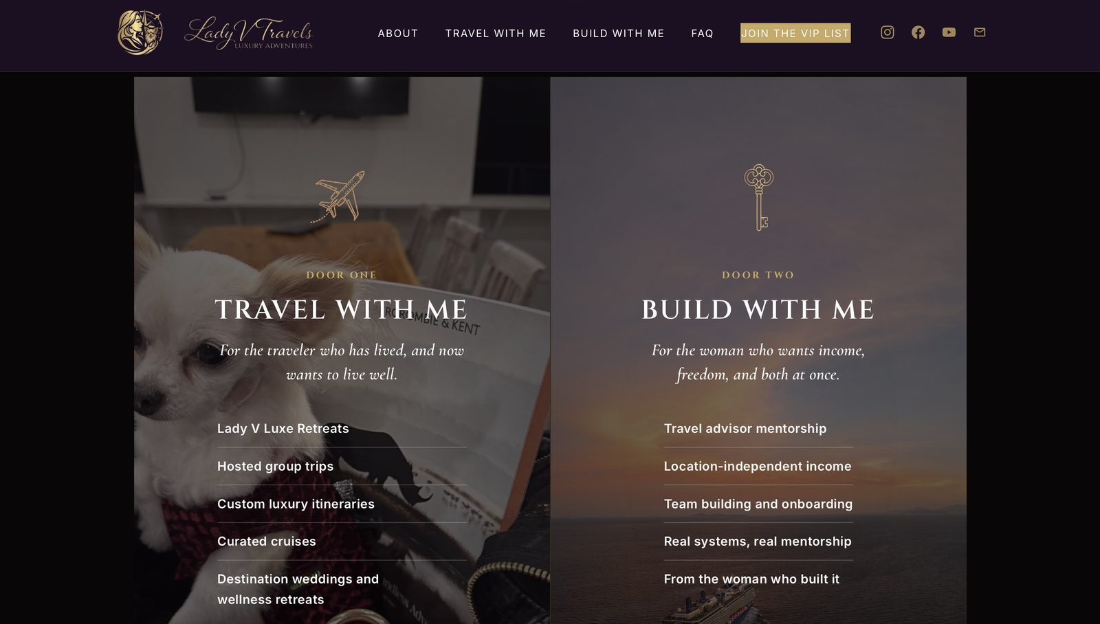 The two doors section of the live Lady V Travels website, showing the type and colour in use