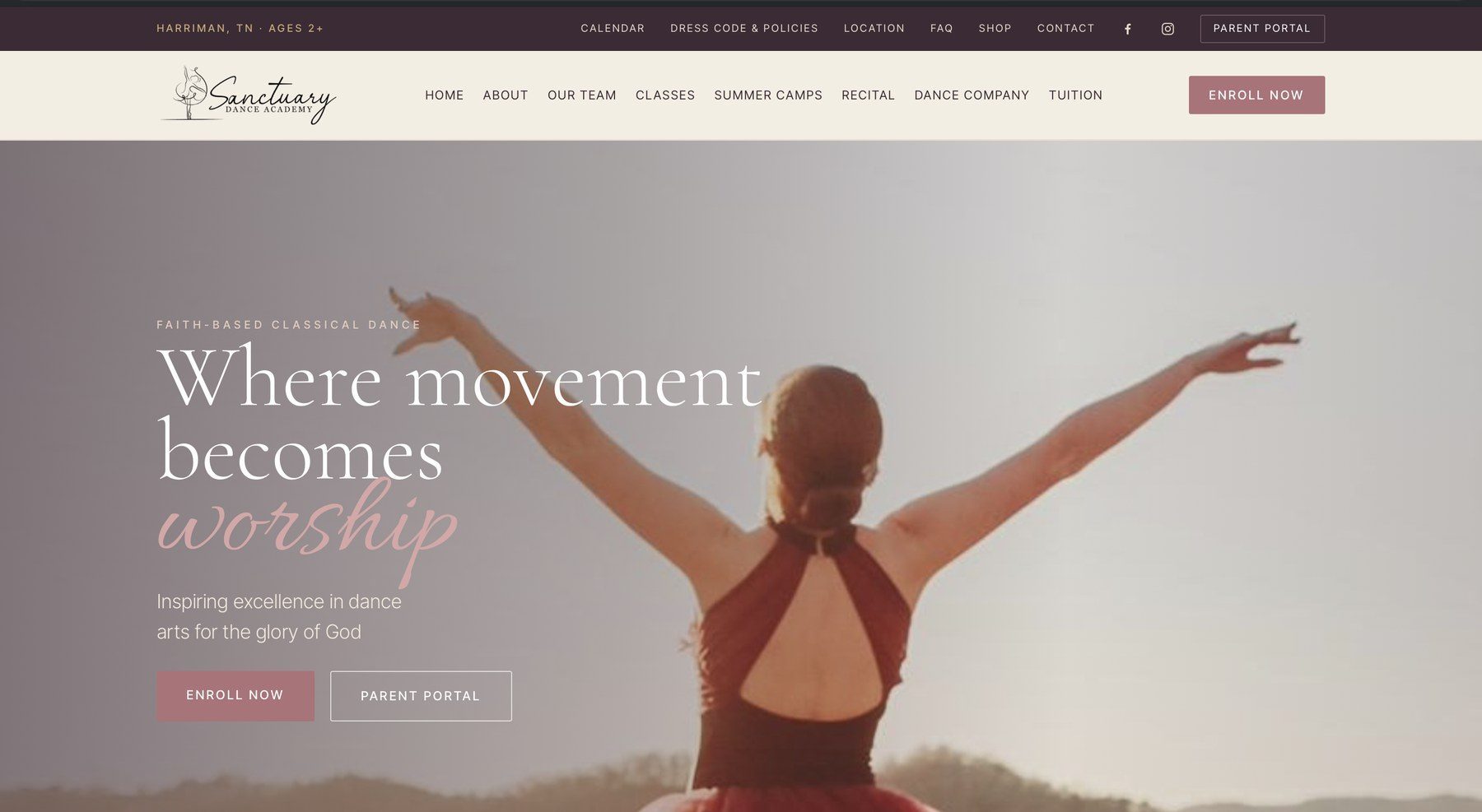 Sanctuary Dance Academy homepage, designed and built by Traveling Wave Design Co.