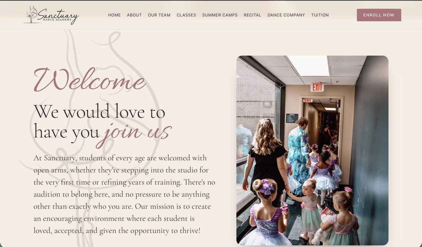 The Sanctuary Dance Academy website welcome section, showing the type system in use