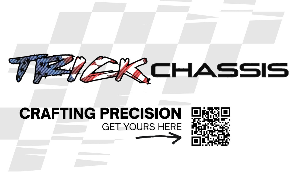 Trick Chassis business card, back, with the wordmark and a QR code to the site