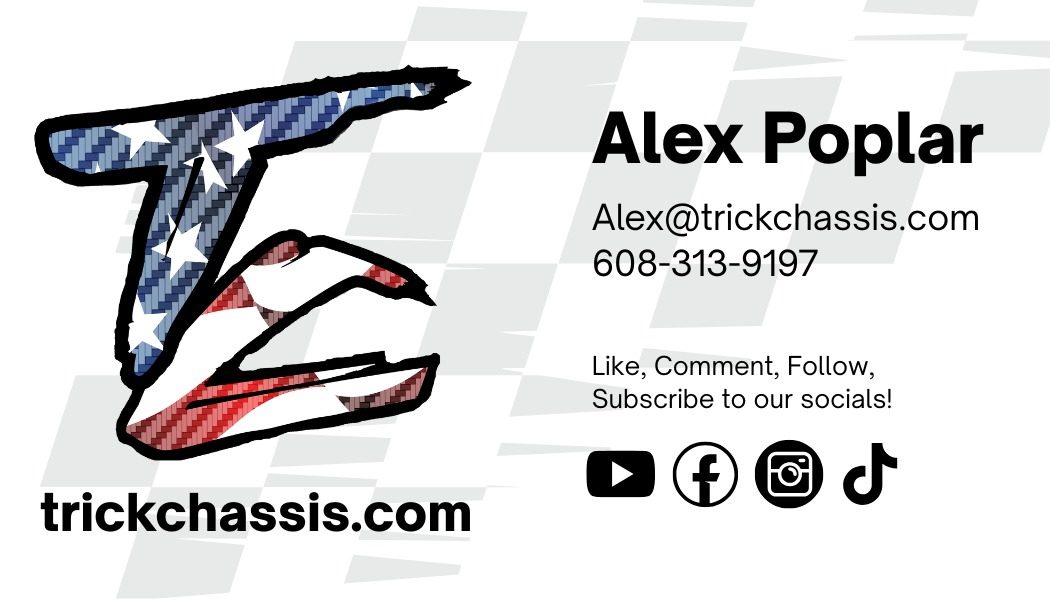 Trick Chassis business card, front, with the icon and Alex's contact details