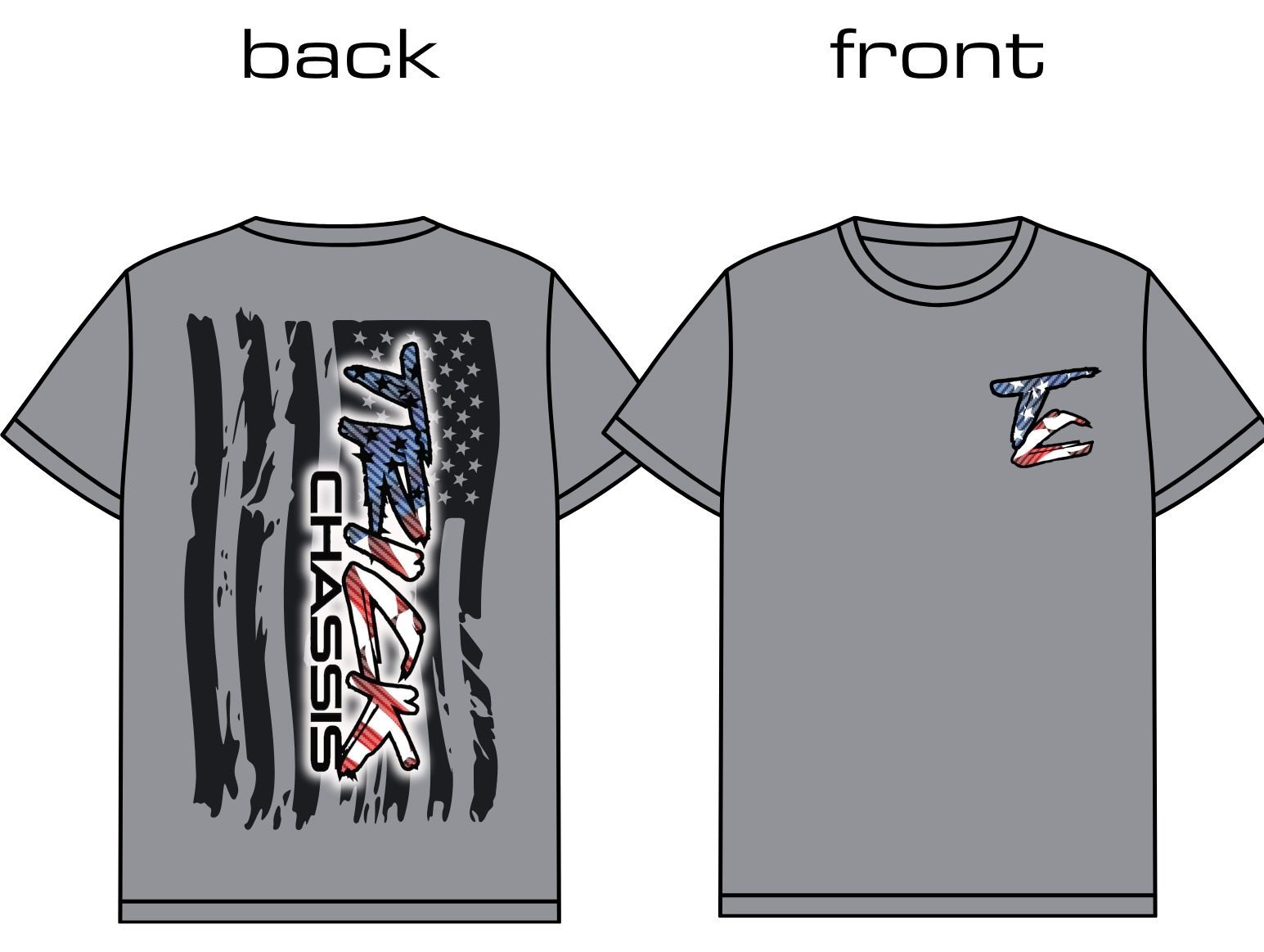Trick Chassis t-shirt design, front and back, with a distressed flag and the wordmark